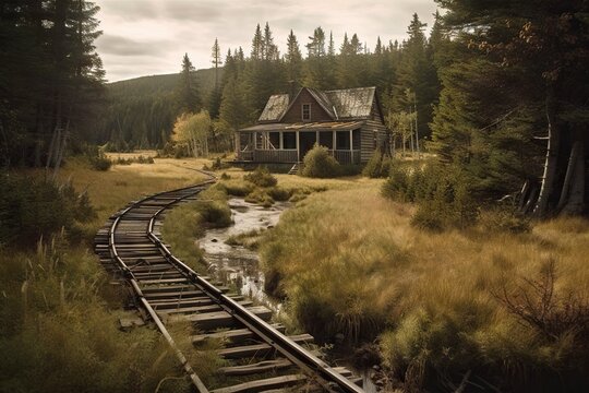 A Train Track Running Through A Forest With A House On It Abandoned Railroad Station Landscape Photography Environmental Law Generative AI