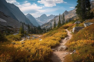 A Trail In The Mountains With Yellow Flowers And Trees On The Side Rustic Mountain Trail Landscape Photography Landscape Photography Generative AI
