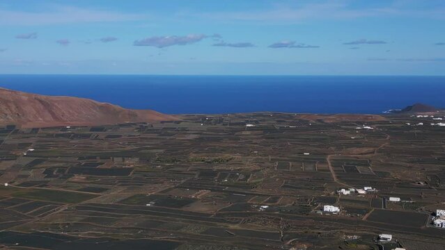 white houses Villages, volcano landscape. Best aerial top view flight drone