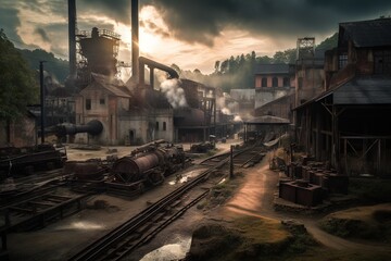 A Train Yard With A Lot Of Train Tracks And Buildings On It Abandoned Factory At Sunset Stereoscopic Photography Industrial Photography Generative AI