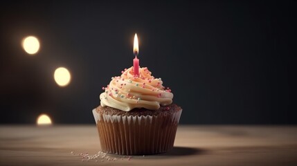 Plakat Cupcake with icing and frosting and with a burning birthday candle. Generative ai