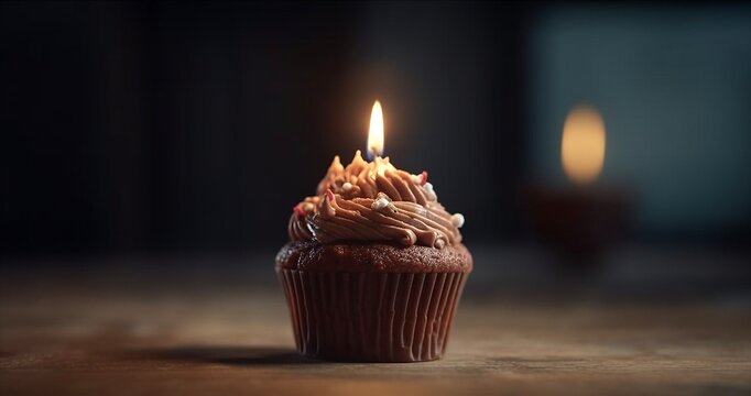 Cupcake with icing and frosting and with a burning birthday candle. Generative ai
