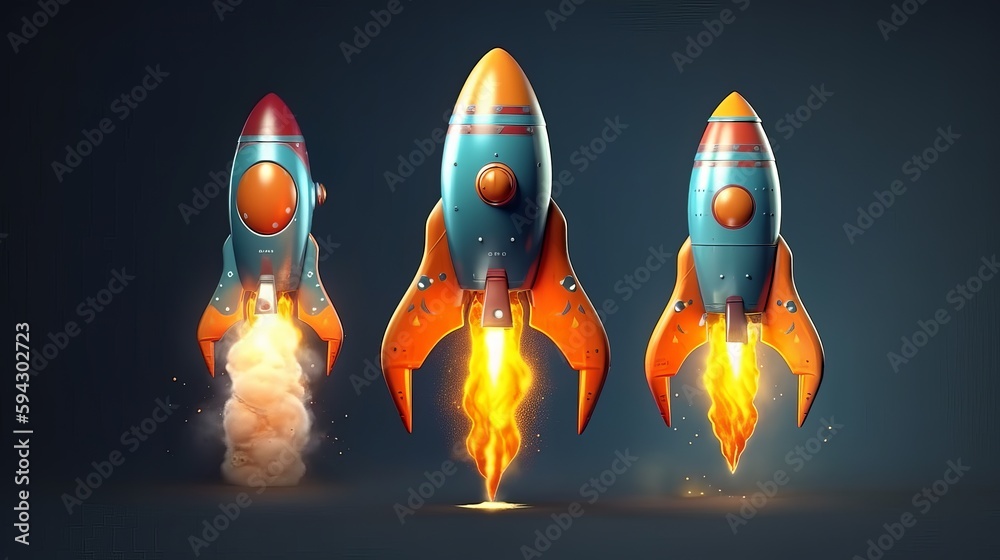 Aufkleber 3D cartoon rocket for startup business concept. Rendered with copy space. Generative AI