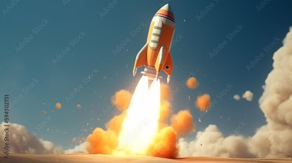 Poster 3D cartoon rocket for startup business concept. Rendered with copy space. Generative AI