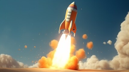 3D cartoon rocket for startup business concept. Rendered with copy space. Generative AI