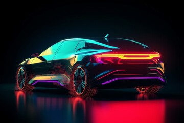 Obraz na płótnie Canvas Electric car from back side with futuristic neon spoiler. Postproducted generative AI illustration
