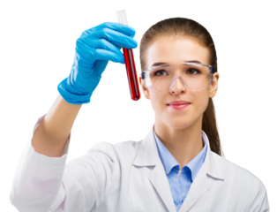 Young attractive female scientist in protective gloves