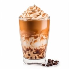 Fototapeta na wymiar Delicious coffee crema in glass cup sprinkled with cocoa powder and decorated with coffee beans on white background