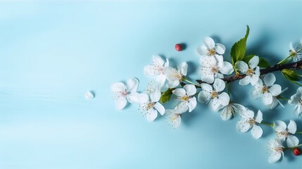 Cherry flowers in a pastel blue background light. Copy, advertsign, social media. 