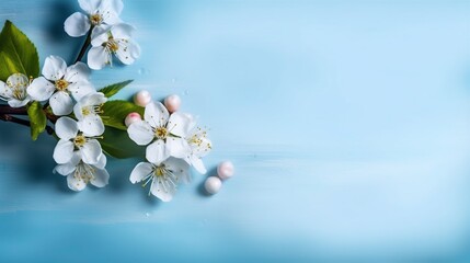 Cherry flowers in a pastel blue background light. Copy, advertsign, social media. 