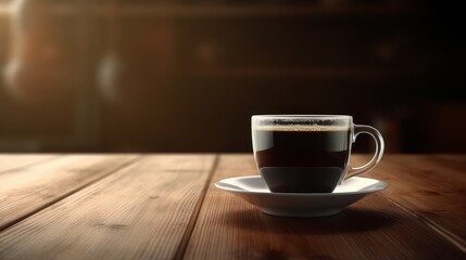 A cup of coffee on a saucer on a wooden table with a bright light coming from the top of the cup in the background. Generative ai