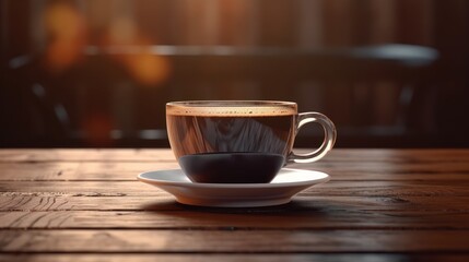 A cup of coffee on a saucer on a wooden table with a bright light coming from the top of the cup in the background. Generative ai