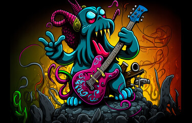 Cartoon Cthulhu Rock 'n Roll. Generative AI.
A digital painting of a Cthulhu Rock 'n Roll band.