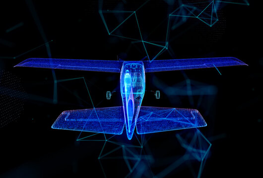 Travel plane on blue dark background. Airplane digital with line,dot. future air transport concept