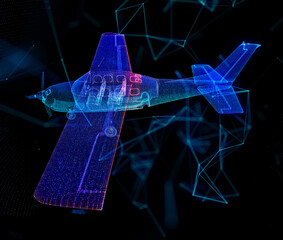 3d airplane. Digital airliner and world map concept in dark blue background. Dots, and glowing stars polygonal line Digital 3d model