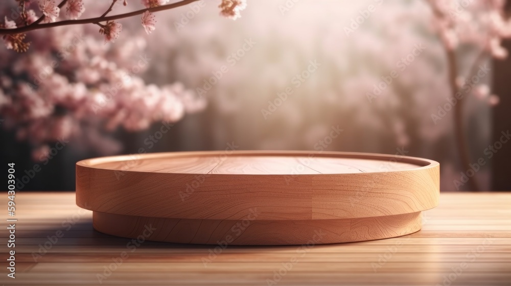 Poster empty circle podium, wooden circle with spring cherry. podium for product presentation. empty podium
