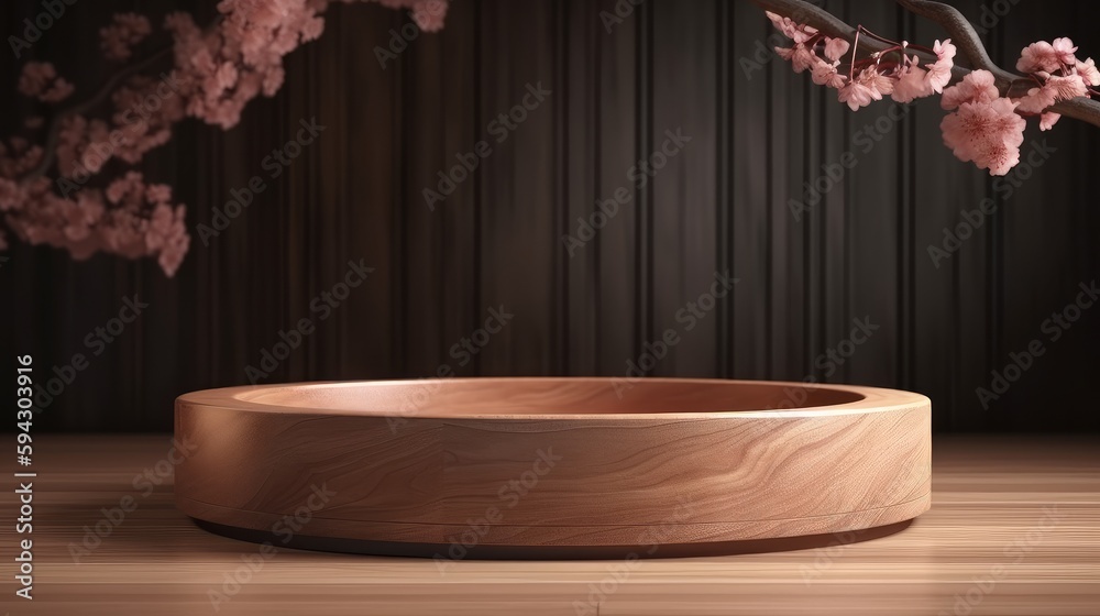 Poster Empty circle podium, wooden circle with spring cherry. Podium for product presentation. Empty podium with sakura in the background. Generative AI