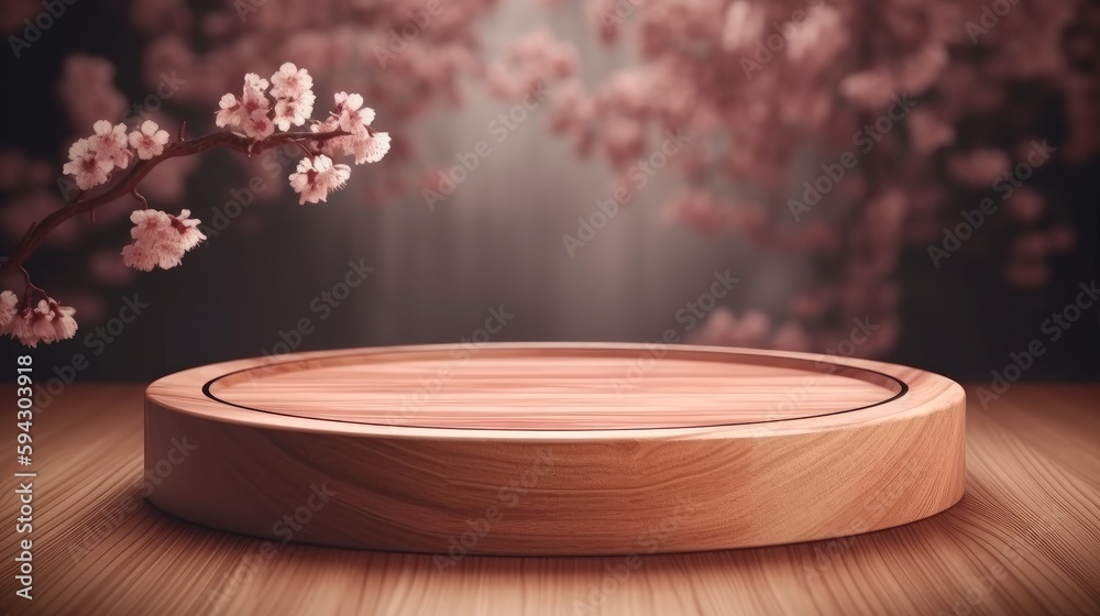 Aufkleber empty circle podium, wooden circle with spring cherry. podium for product presentation. empty podium