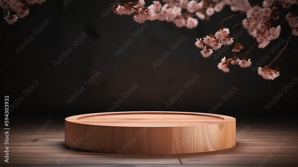Poster Empty circle podium, wooden circle with spring cherry. Podium for product presentation. Empty podium with sakura in the background. Generative AI