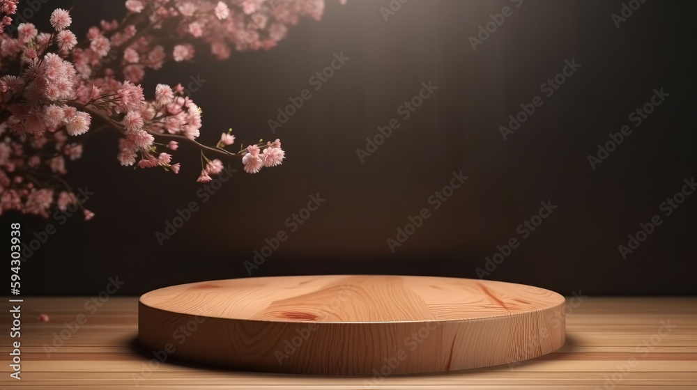 Aufkleber empty circle podium, wooden circle with spring cherry. podium for product presentation. empty podium