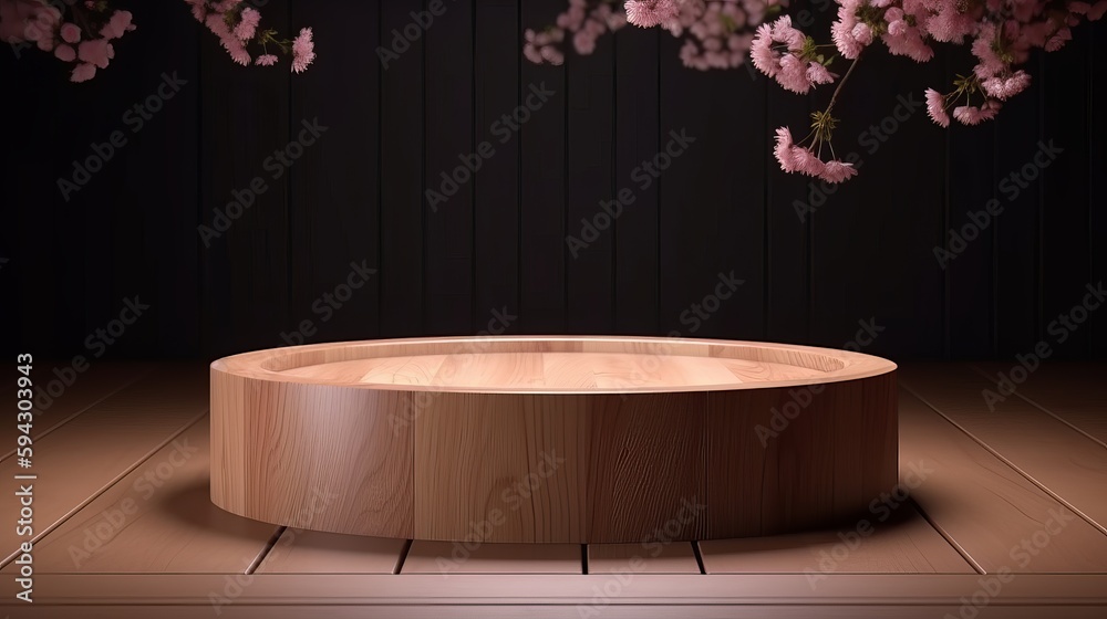 Poster empty circle podium, wooden circle with spring cherry. podium for product presentation. empty podium