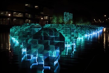 A Large Group Of Cubes That Are Lit Up In The Dark Urban Park At Dusk Kinetic Art Lighting Design Generative AI