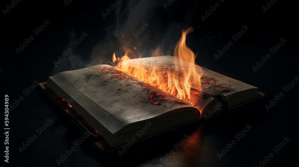 Poster An open magic book full of fire magic. Created with Generative AI