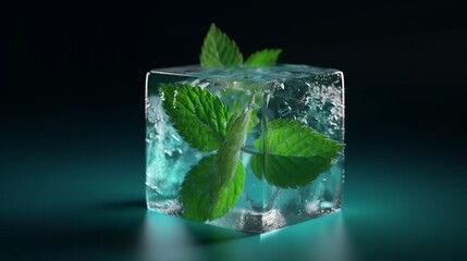 A mint leaf is on top of an ice cube with water droplets around it and a green leaf on top of the ice cubes, with water droplets around it, on a white background. Generative AI