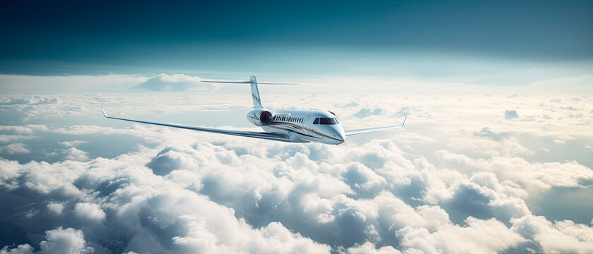 Private jet flying over the earth. Empty blue sky with white clouds at background. Business Travel Concept. Horizontal.