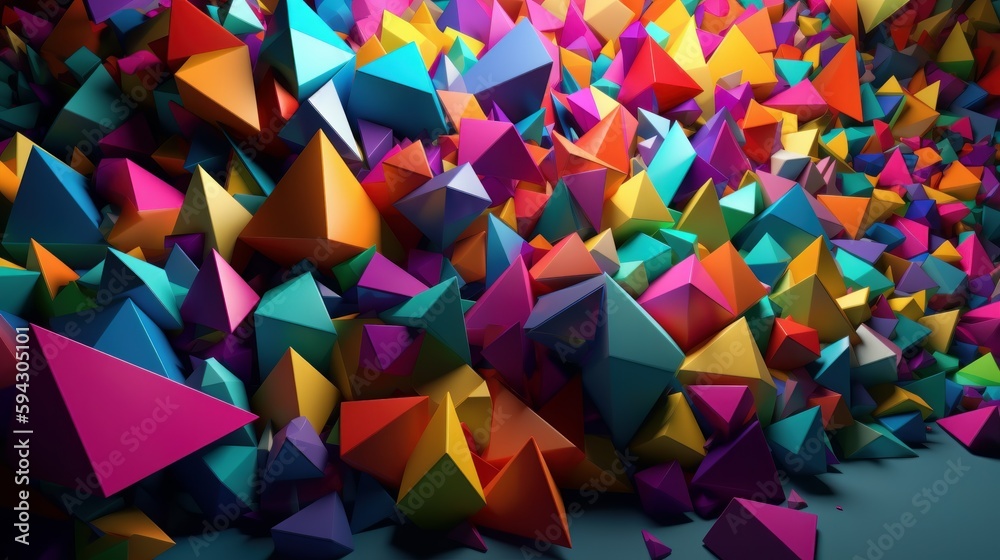 Poster Cheery of multicolored pyramids located on a flat surface horizontally in straight and long rows with their sharp tops aimed up. It looks wonderful, childish and innovative. Generative ai
