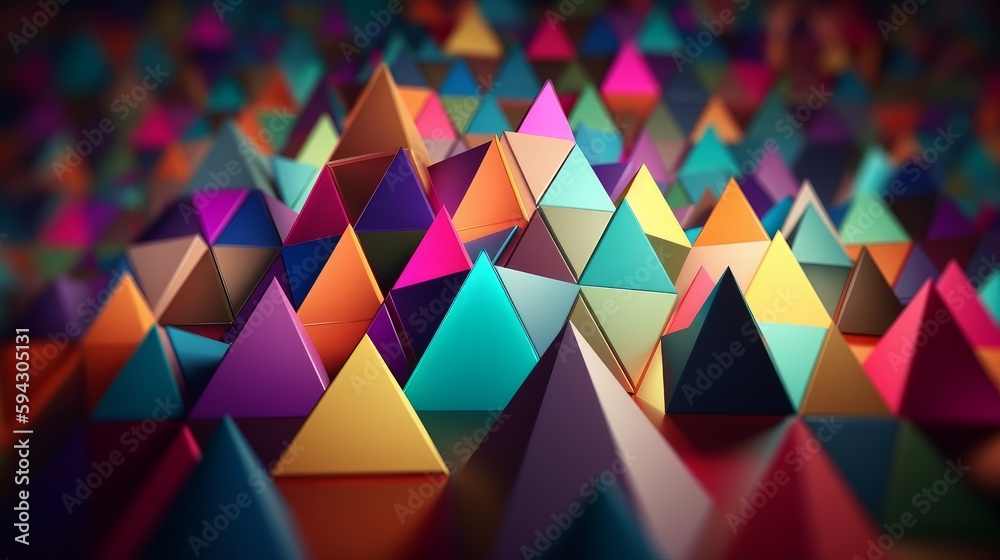 Poster Cheery 3d rendering of multicolored pyramids located on a flat surface horizontally in straight and long rows with their sharp tops aimed up. It looks wonderful, childish and innovative. Generative ai