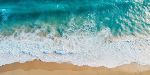 Fototapeta na wymiar Relaxing aerial beach scene, summer vacation holiday template banner. Waves surf with amazing blue ocean lagoon, sea shore, coastline. Perfect aerial drone top view. generated by AI.