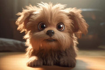 Super cute and fluffy little dog with big, expressive black eyes. A lovable and heartwarming furry friend. Funny cartoon character. 3D Digital painting