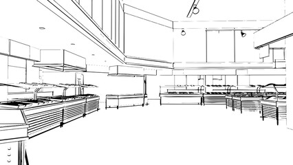 Line drawings of supermarkets selling various food items.,3d rendering
