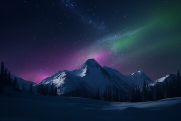 Fototapeta na wymiar a green and purple aurora bore is in the sky above a snowy mountain range with trees and snow on the ground and the sky is filled with stars and clouds. generative ai