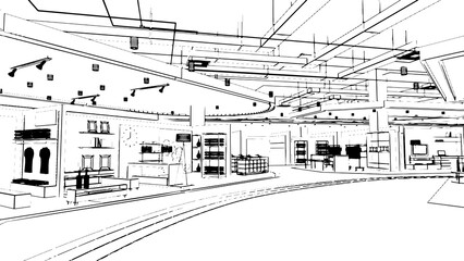line drawing of the area of the department store hall,fashion store section,3d rendering