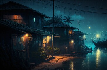 the dark city with boats sitting on the river bank and houses along a side