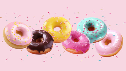 Assortment of falling brightly colored donuts with falling sprinkles