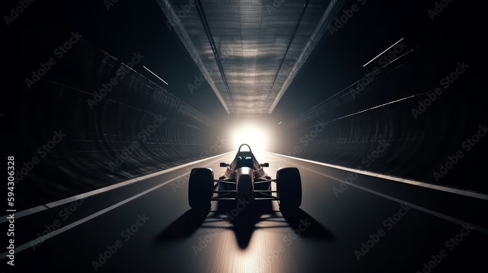 Poster Racing car at high speed riding in illuminated road tunnel. Generative ai