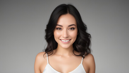 Fototapeta premium Joyful woman with black, curly hair on empty background with copy space. Generative AI.