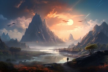concept art of majestic natural environment with epic celestial sky. Generative AI