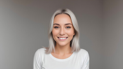 Adult female with straight, short, silver hair smiling into a camera on empty background with mockup. Generative AI.
