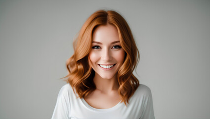 Fototapeta premium Happy woman with red hair on empty background with copy space. Generative AI.
