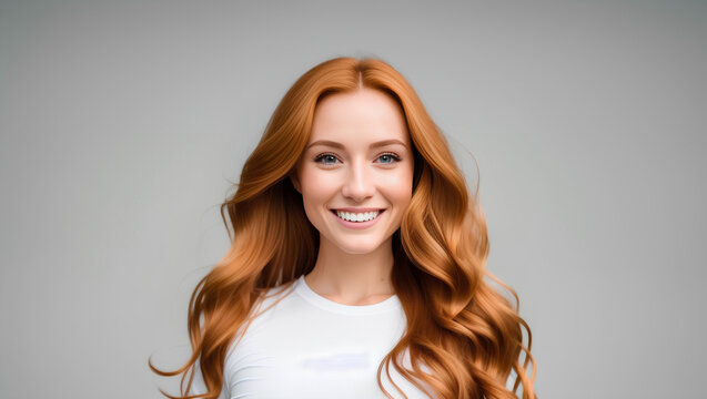 Adult female with ginger hair smiling into a camera. Isolated background with copy space. Generative AI.