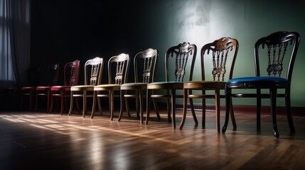 Row of chairs with one odd one out. Generative ai