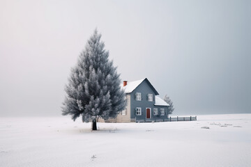 Naklejka premium Minimalist illustration of a cottage amidst snow and a single tree during winter or Christmas. Generative Ai.