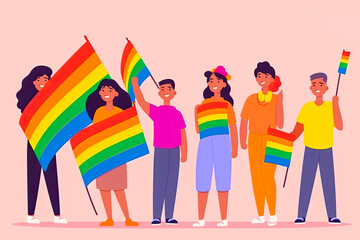 Pride festival with people celebrating and fighting for LGBT rights with rainbow colors flags. Demonstration for gay, lesbian, transgender. Cartoon style with multicolored background. Generative AI.