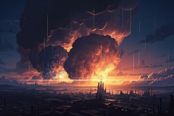 sci-fi scene of the meteorites explodes in the sky above the city, digital art style, illustration painting. Generative AI
