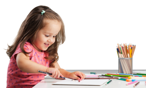 Cute little girl doing homework,writing and painting.
