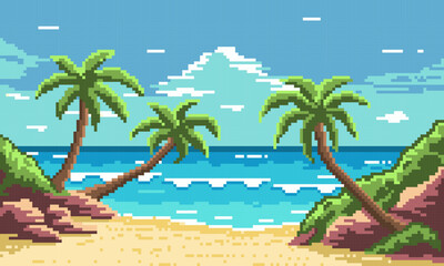 Pixel tropical beach with palm trees background. Blank yellow sandy beach with gray stones and green grass. Fluffy blue clouds in sky and white surf foam in vector ocean